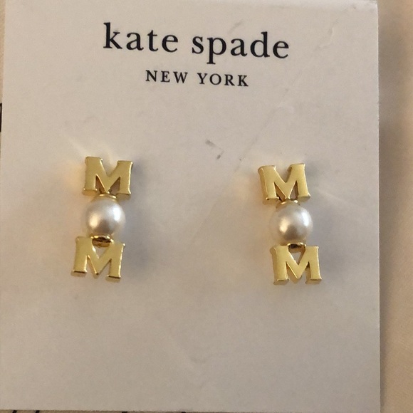 Kate Spade Gold Tone Love You, Mom Linear Stud Earrings Faux Pearl Accent NWT - Picture 4 of 12